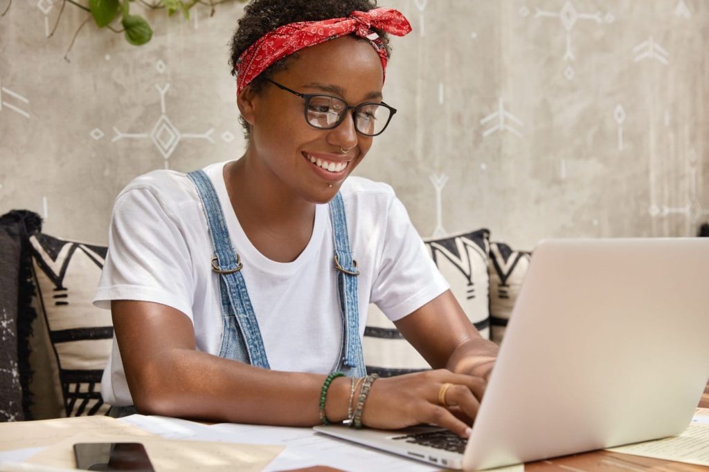 stylish businesswoman works laptop computer cozy coffee shop keyboards information scaled 1