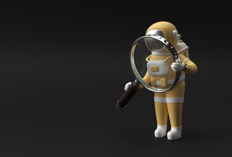 3d render astronaut holding magnify glass black background scaled 1