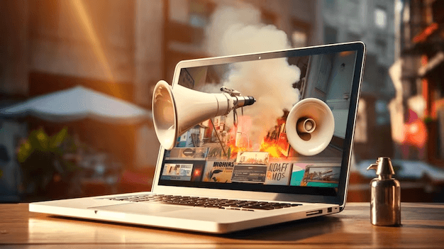 laptop computer with loudspeaker urban background with megaphone 993599 6916