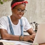 stylish businesswoman works laptop computer cozy coffee shop keyboards information scaled 1