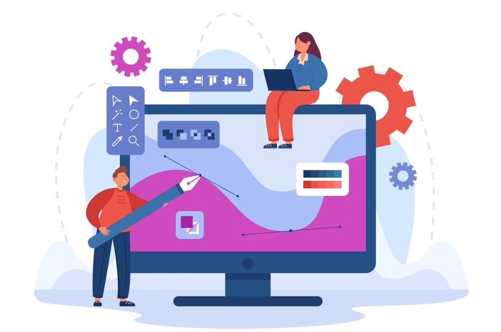 Tiny graphic designer drawing with big pen on computer screen