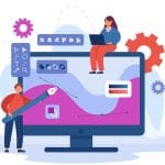 Tiny graphic designer drawing with big pen on computer screen