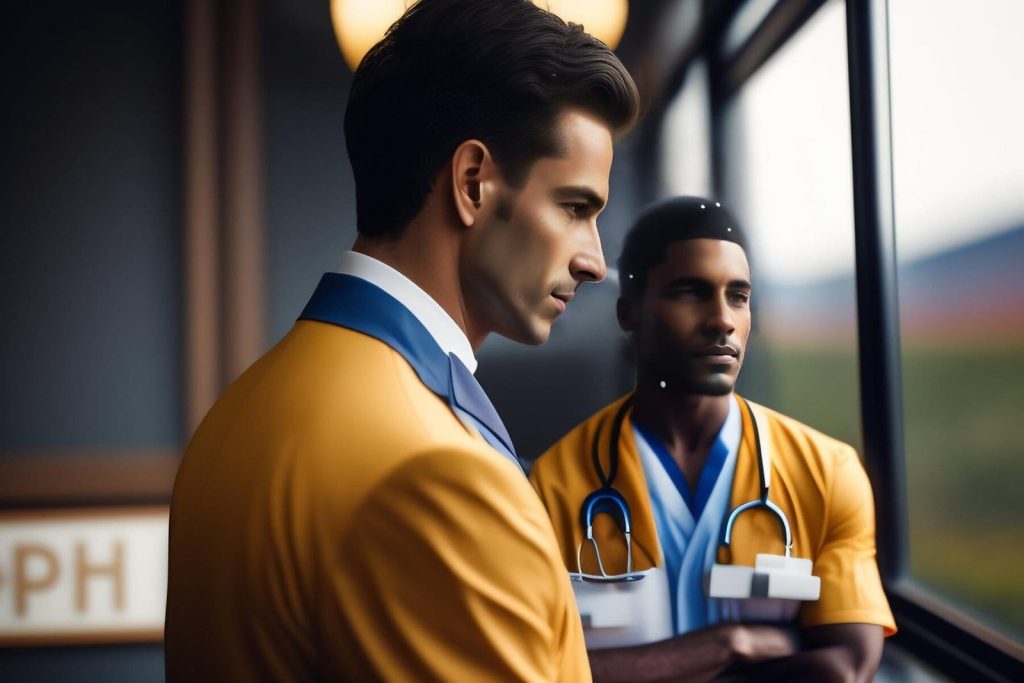 two men yellow jackets stand front window one them has stethoscope his neck 1340 36724
