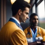 two men yellow jackets stand front window one them has stethoscope his neck 1340 36724