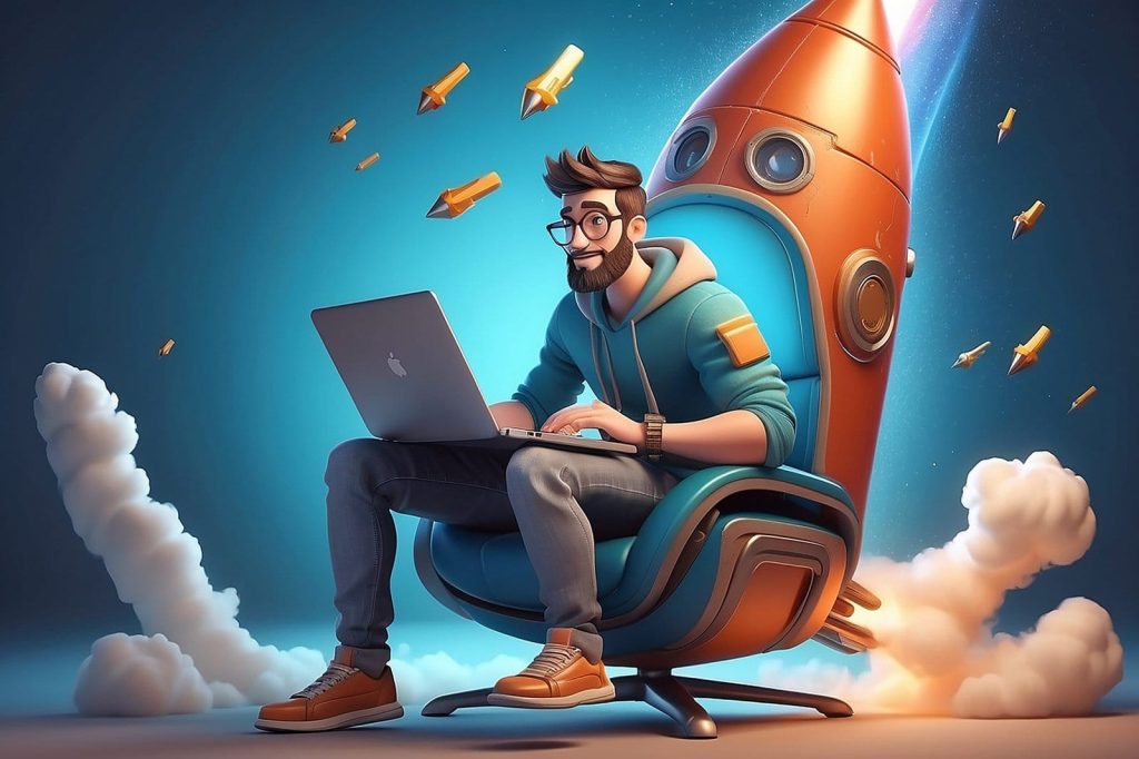 cartoon character freelancer with laptop his hands flies chair like rocket innovation startup concept 3d illustration 1 scaled 1