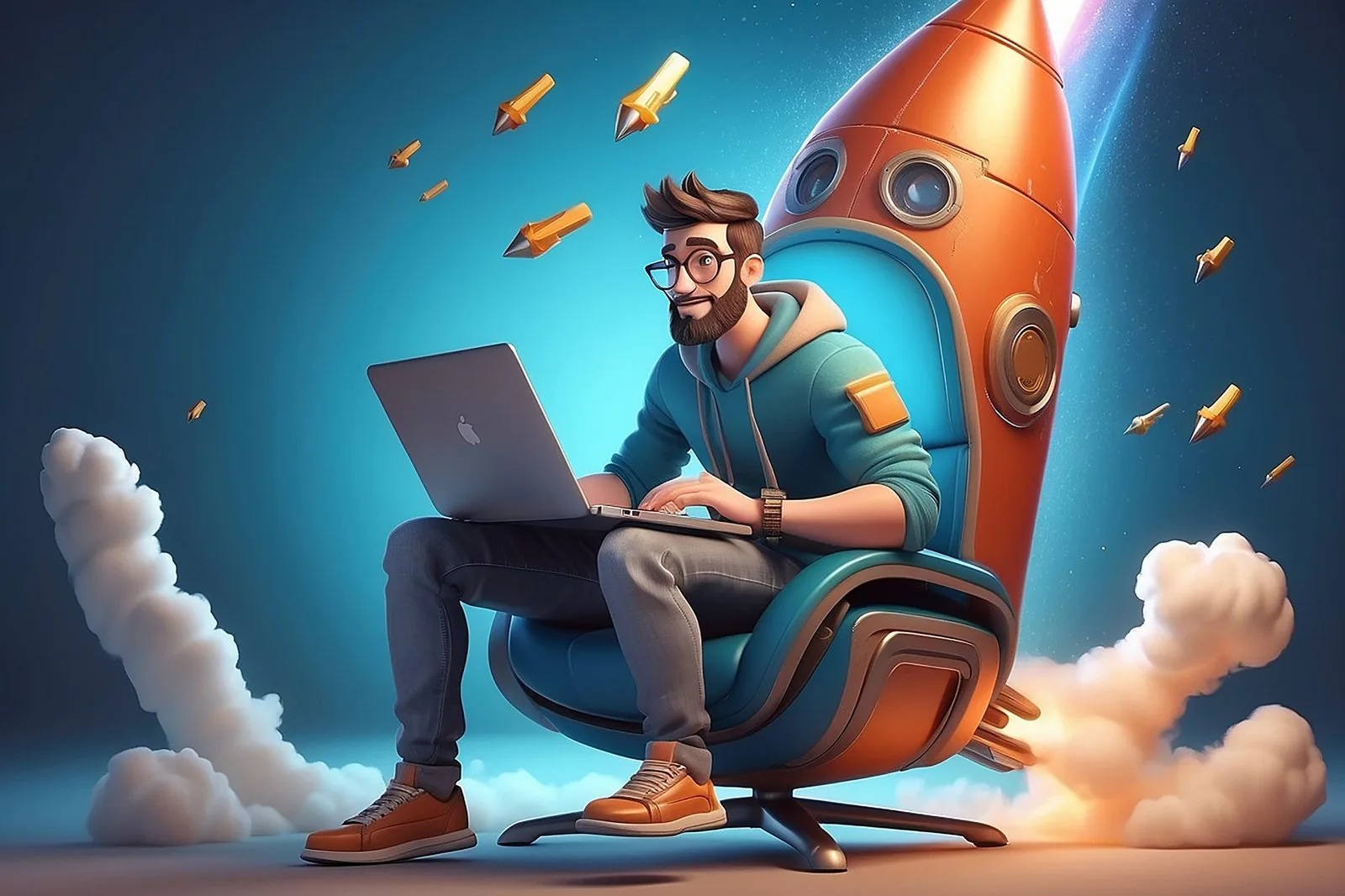 cartoon character freelancer with laptop his hands flies chair like rocket innovation startup concept 3d illustration 1 scaled 1