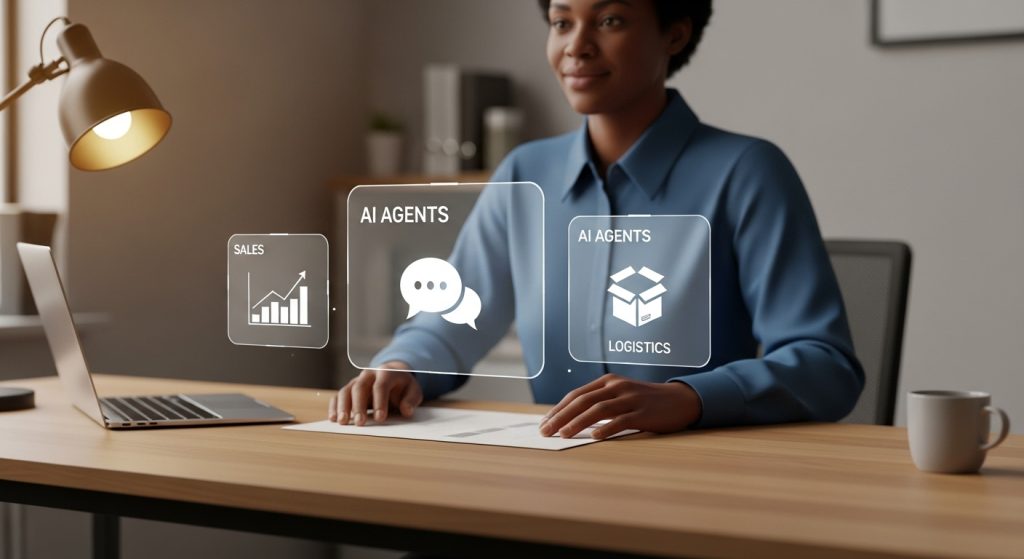 Small business owner managing multiple AI agents represented by glowing holographic icons in a modern office The Small Business Renaissance: 5 Ways to Use AI Agents for Productivity in 2026